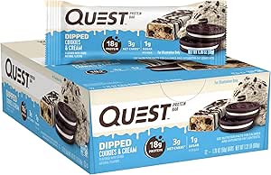[BRSRMAAQCANGGYLG] Quest Nutrition Dipped Chocolate Cookies & Cream Protein Bars, High Protein, Low Carb, Gluten Free, Keto Friendly, 12 Count