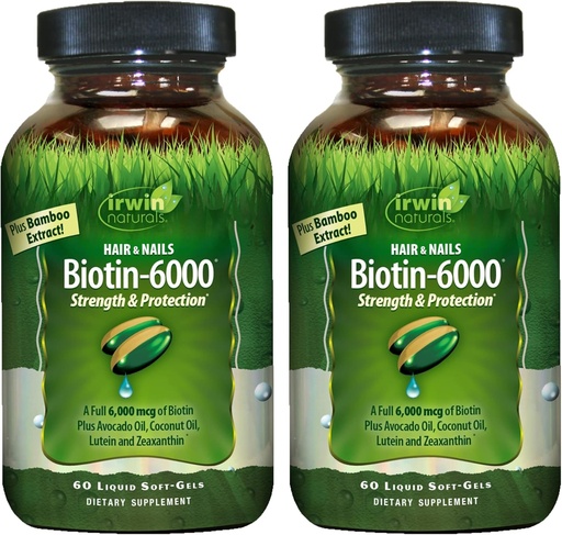 [BRSRMYL2C55BYYDZ] Irwin Naturals Biotin-6000-60 Liquid Soft-Gels, Pack of 2 - Supports Strength & Protection for Hair & Nails - with Avocado Oil, Coconut Oil, Lutein & Zeaxanthin - 60 Total Servings