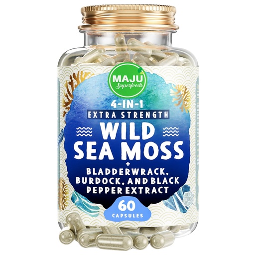 [BRSWYEI6AQOQAFA4] MAJU 4-in-1 Organic Sea Moss Capsules, Wild Chondrus Crispus, Seamoss w/Bladderwrack + Burdock Root, Stronger Than Gel, Irish, Sebi Inspired Raw Powder in Pills, 500 mg Capsule (60 ct)
