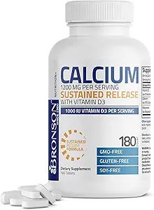 [BRSRAED7O4NBSAIU] Bronson Calcium 1200 MG Per Serving Sustained Release with Vitamin D3 1000 IU Vitamin D3 Per Serving Non-GMO, 180 Tablets