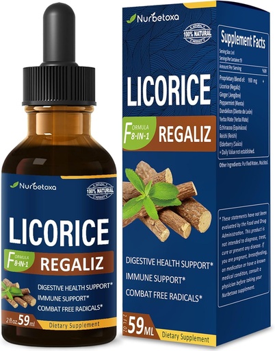 [BRSRAAQFDING2DTK] Licorice Root Extract Drops for Digestive Health, Natural Herbal Bloating Relief and Immune Support Liquid Tincture Supplement with Dandelion, Peppermint, Ginger. extrato de Regaliz. 2oz