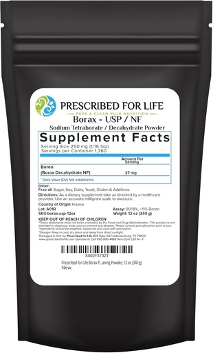 [BRSWGYD4OYMBYELA] Prescribed for Life Borax Powder, Pure USP NF Grade All Natural Sodium Borate Powder, Household Laundry Booster, Slime Activator & Multipurpose Cleaning Powder (12oz / 340g)