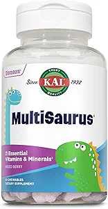 [BRSWIYTYO4ARWYL4] KAL MultiSaurus Kids Chewable Multivitamins, 11 Essential Vitamins and Minerals for Kids, Mixed Berry Flavor, Gluten and Preservative Free, 60 Servings, 60 Dinosaur-Shaped Chewables