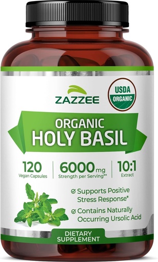 [BRSW2FIHCMHBOF3D] Zazze USDA Organic Holy Basil 10:1 Extrakt, 6000 mg Stärke, 120 Vegan Kapseln, Konzentriert und Standardisiert 10X Tulsi Extrakt, Ursolsäure, 100% Certified Organic, Non-GMO