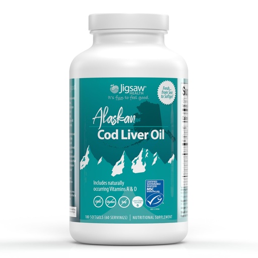 [BRSWGGQEBAMAYFDJ] Jigsaw Health Alaskan Cod Liver Oil | 900 mg Omega-3s with EPA, DHA, and DPA | Includes Naturally Occuring Vitamins A & D | 180 Softgels | 60 Servings
