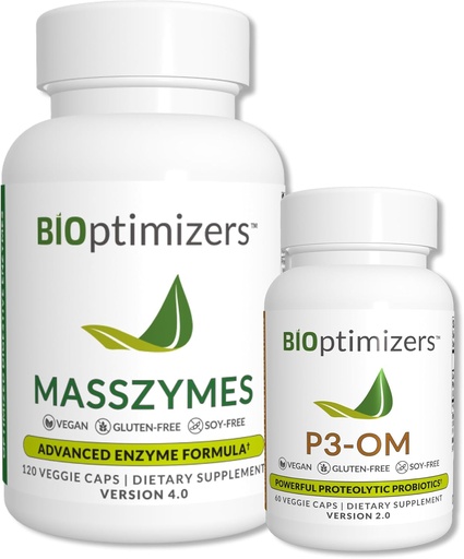 [BRSWGGLYCMHWYDTB] BiOptimizers - P3-OM and MassZymes Bundle - Premium Digestive Enzymes and Probiotics for Women and Men - Doctor-Formulated (120 MassZymes Capsules, 60 P3-OM Capsules)