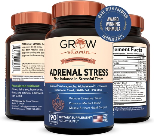 [BRSW2HQ7CICREHTJ] Crecer Vitamina Adrenal Stress Advanced Formula, Orgánica KSM-66 Ashwagandha con AlphaWave L-Theanine, 5-HTP, Magnesium Blend - Alivio de estrés diario, Mood Support, Cognitive, Brain Health, 90 cápsulas