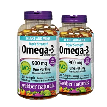[BRSWYZTYBUNR6H3Z] Webber Naturals Triple Strength Omega-3 900mg 200 softgels x 2(2 Bottles)