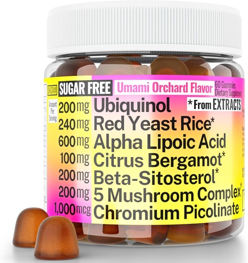 [BRSRAZQ2BVYB423U] Red Yeast Rice Alpha Lipoic Acid Ubiquinol CoQ10 Citrus Bergamot Beta-Sitosterol Chromium Picolinate Sugar-Less Gummies w Lion's Mane Turkey Tail Reishi Cordyceps Chaga, Pills Capsules Supplement Alt