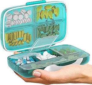 [BRSWGFI2AQHAY332] Travel Pill Organizer - Airtight Medicine Case for Traveling Portable Pharmacy Box with Labels Vitamin Container 8 Compartment Supplement Medication Holder Large Capacity Daily (Green)