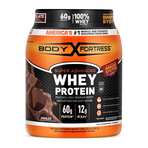 [BRSRMGAFAEGWA2Y2] Body Fortress 100% Whey, Premium Protein Powder, Chocolate, 1.78lbs