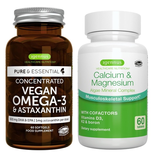 [BRSRMAYHOAPGC3YV] Vegan Omega-3 + Calcium & Magnesium Complex Vegan Bundle, Sustainable EPA & DHA Algae Oil 1340mg + 2:1 Plant Based Algae Mineral Complex, by Igennus