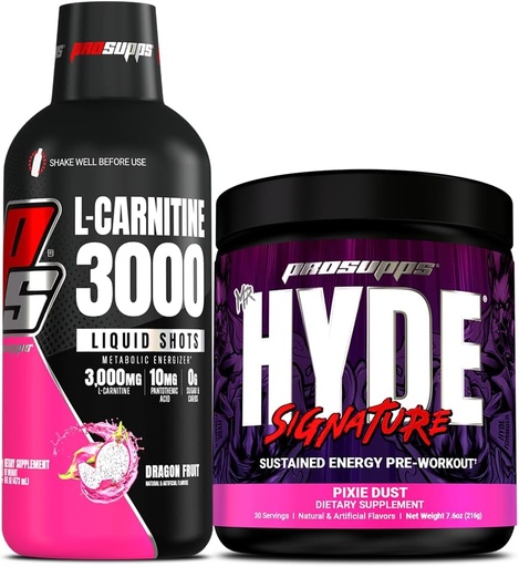 [BRSRAHAQO4PRQCT5] PROSUPPS L-Carnitine 3000 자극제 자유로운 액체 탄 (31의 서빙, 드래곤 과일) 및 Mr. Hyde 서명 시리즈 전 운동 에너지에 의하여 말린 음료 (30의 서빙, Pixie 먼지) 뭉치