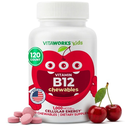 [BRSRMBQPCN6QIDTD] VitaWorks Vitamin B12 for Kids 1000 mcg Chewable Tablets, Vegan B12 Supplement, Support Energy and Metabolism, Cherry Flavor, Non-GMO, Gluten Free, 120 Chewables