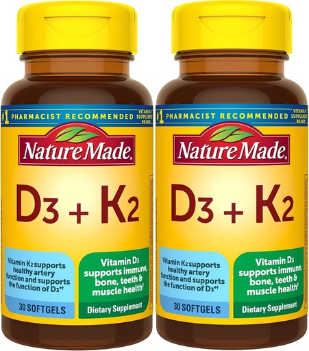 [BRSRA237BYIAOE3H] Nature Made Vitamin D3 K2, 5000 IU (125 mcg) Vitamin D, Dietary Supplement for Bone, Teeth, Muscle and Immune Health Support, 30 Softgels, 30 Day Supply - Pack of 2