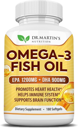 [BRSWG2QCOIIQ4336] Omega 3 Fish Oil 3750mg Triple Strength | EPA 1200mg + DHA 900mg Fatty Acids | Fish Oil Omega 3 Supplement | Promotes Healthy Heart, Immune System, Eyes, Skin & Brain Function | 180 Burpless Softgels
