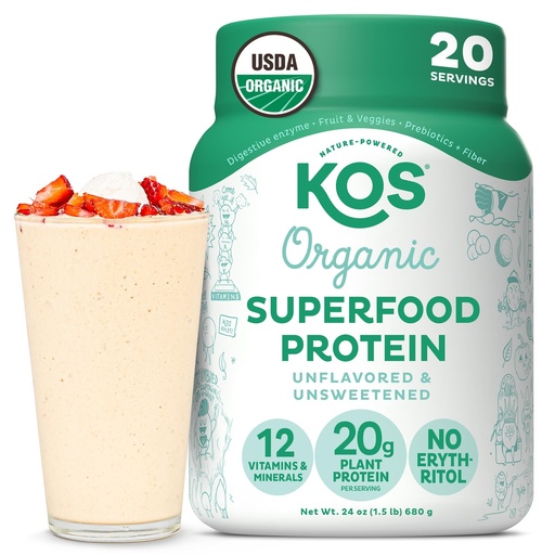 [BRSWYAYTDJ7WAYAZ] KOS Vegan Protein Powder, Unflavored & Unsweetened - Low Carb Pea Protein Blend, Organic Superfood Rich in Vitamins & Minerals - Keto, Soy, Dairy Free - Meal Replacement for Women & Men - 20 Servings