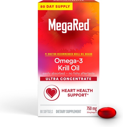 [BRSWGED7BMORYHLP] MegaRed Antarctic Krill Oil 750mg, Omega 3 Fatty Acid Supplement, Ultra Concentrate EPA & DHA Softgels, Antioxidant Astaxanthin, Heart Health Supplement with No Fish Oil Aftertaste, 80ct