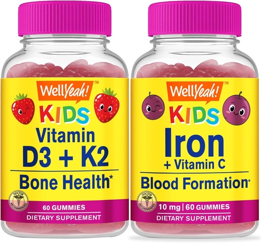 [BRSROEA7CB5QAADK] WellYeah Vitamin D3+K2 Kids + Iron + Vitamin C Kids, Gummies Bundle - Great Tasting, Vitamin Supplement, Gluten Free, GMO Free, Chewable Gummy