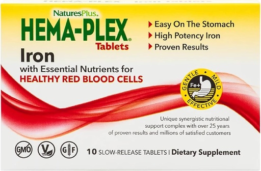 [BRSWYCADDN5BAYIV] NaturesPlus Hema- Plex Iron - 10 Slow-Release Tablets - 85 mg Chelated Iron - Total Blood Health - med C-vitamin & Bioflavonoider - Vegan, Gluten Free - 10 Servere