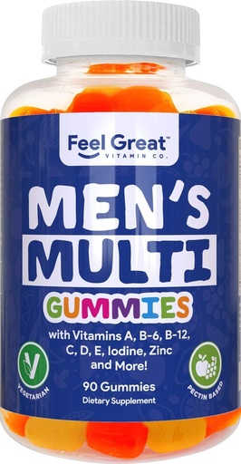 [BRSWGHT6DMMRAFDA] Feel Great Vitamin Co. Men's Multivitamin Gummies, Packed with Vitamin A, B-6, B-12, Biotin, C, D3, E, Iodine, Folic Acid, Zinc. Made in The USA. 45 Day Supply