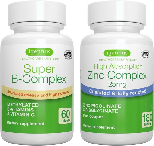 [BRSRAFLQOQIA2HLX] Super B-Complex + Zinc Complex Vegan Bundle, Methylated Sustained Release B Complex + 25mg Chelated Zinc Picolinate & Bisglycinate with Copper, by Igennus