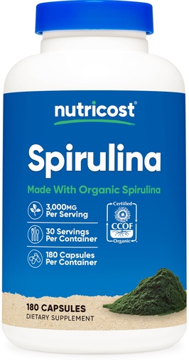 [BRSWKFYAAFYAYE3M] Nutricost Spirulina 3,000mg, 180 Capsules for 30 Servings - CCOF Certified Made with Organic Spirulina, Gluten Free, Vegetarian