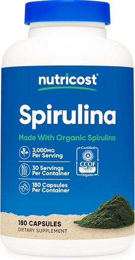 [BRSWKFYAAFYAYE3M] Nutricost Spirulina 3.000mg, 180 Kapsler for 30 Serveringer - CCOF sertifisert med organisk spirulina, Glutenfri, Vegetarisk