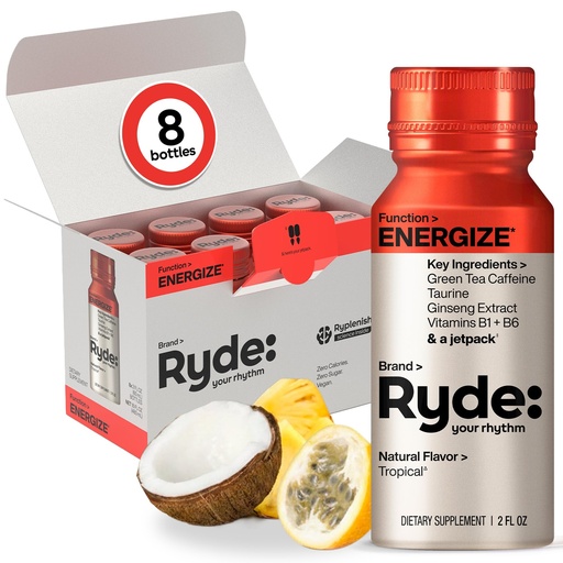 [BRSROBD2AF5R6E3U] Ryde: Energy Shot, 0 Calories, 0 Sugar, Green Tea Caffeine, Taurine, Ginseng Extract & B Vitamins, 2 FL OZ Shots, Tropical Flavor, Boosts energy (8 Pack)