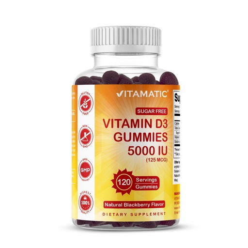 [BRSRMBQDO4IQKD3O] Vitamatic Sugar Free Vitamin D3 5000 IU - 120 Gummies - Great Taste - Healthy Bones, Mood & Immune System Function - Non-GMO - 120 Servings (5000 IU)
