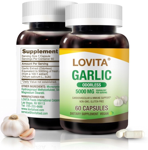 [BRSWGAACC4NGOYDH] Lovita Odorless Garlic Capsules, 5000mg Fresh Garlic Equivalent, 1.25% Allicin Extract, Supports Heart, Blood Pressure, Cholesterol & Immune System, Non-GMO, Gluten-Free, 60 Vegan Capsules