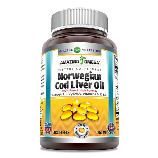 [BRSROAD7C4PBUEL2] Amazing Omega Norwegian Cod Liver Oil 1250 Mg Softgels Supplement | Omega-3, EPA, DHA, Vitamin A, Vitamin D & Vitamin E (Orange | 60 Count)