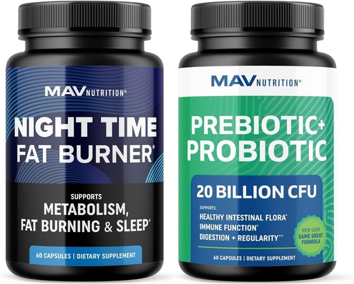 [BRSRAHY5A4IRE3TH] MAV NUTRITION Night Time Fat Burner Capsules and Probiotic & Prebiotic Capsules | Overnight Metabolism Booster for Stomach Fat Burning Gut Health Support | Comprehensive Digestive Wellness