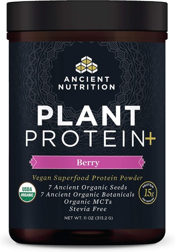 [BRSWYZ35AAAQECTU] Ancient Nutrition Plant Based Protein Powder, Plant Protein+, Berry, Organic Vegan Superfoods Supplement, 15g Protein Per Serving, Great for Protein Shakes, Gluten Free, Paleo Friendly 12 Servings