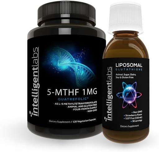[BRSROHYYCAFQ4G3L] Intelligent Labs 2-in-1 Bundle of 500MG Liposomal Glutathione (Liquid Antioxidant Supplement) and 1MG 5-MTHF Methylfolate as Quatrefolic Acid® (MTHFR Supplement for Methylation Support)