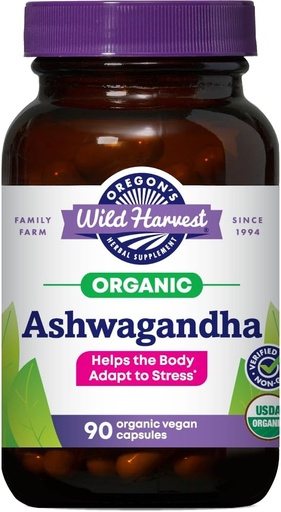 [BRSWIYTYOUIROFD4] Oregon Wild Harvest Certified Organic Ashwagandha Bylinné Veganské kapsle, 1200 MGS, 90 Počet