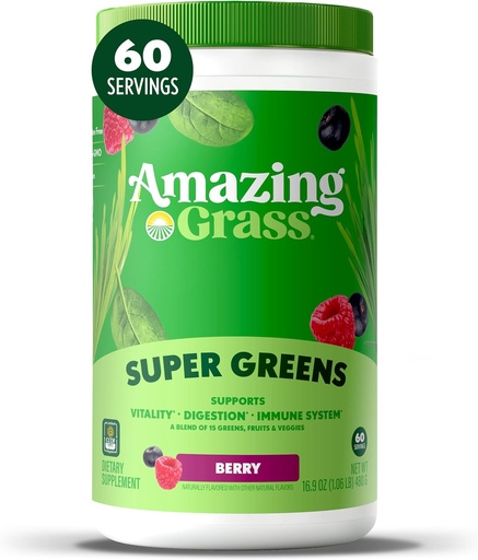 [BRSWIYALBMNB6GDO] Amazing Grass Greens Blend Superfood: Super Greens Powder Smoothie Mix with Spirulina, Chlorella, Beet Root Powder, Digestive Enzymes & Probiotics, Berry, 60 Servings (Packaging May Vary)