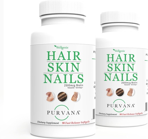 [BRSWYED5DIOQO33K] Wellgenix Purvana Hair, Skin, and Nails Vitamin Softgels for High Absorption - Double Strength 2500mcg Biotin, VIT A & B (90 Count) 2 Pack