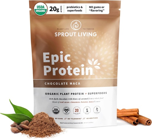 [BRSWKHYYC4GGE3TX] Sprout Living Epic Protein, Plant Based Protein & Superfoods Powder, Chocolate Maca Powder | 20 Grams Organic Protein Powder, Vegan, Non Dairy, Non-GMO, Gluten Free, Low Sugar (1 Pound, 12 Servings)