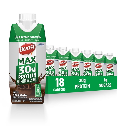 [BRSROCAEO4MWC33P] BOOST MAX Protein Shakes Ready to Drink - 30g High Protein Shake - Chocolate | Nutritional Drinks to Support Muscle Recovery After Exercise, 26 Vitamins & Minerals, 1g Sugar, 11 fl oz (Pack of 18)