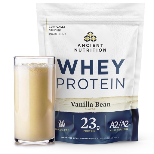 [BRSRAEINBEHGA2YV] Ancient Nutrition Grass Fed Whey Protein, 23g Protein, Hydrolyzed Collagen Peptides, Organic Regenerative A2/A2 Milk Protein (35 Servings, Vanilla Bean)