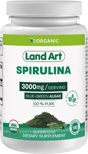 [BRSROFICDN6BUH33] Land Art Certified Organic Spiruline - 180 capsules - Superfood- Riche en minéraux, vitamines et protéines - Vegan
