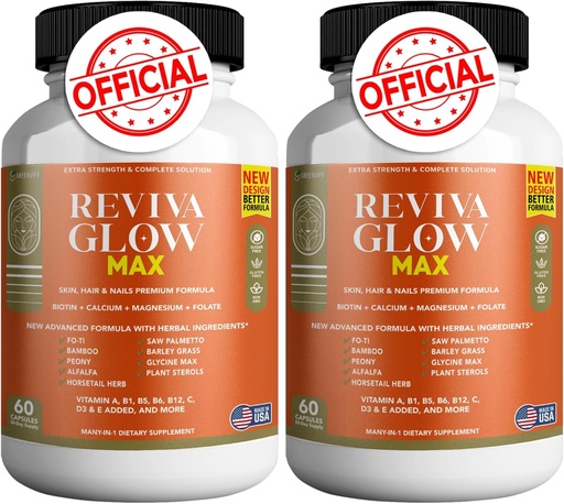 [BRSRABT6OQMQYH34] Reviva Glow Max - Hair, Skin & Nails Support Supplement | Biotin, Calcium, Magnesium, Folate & Herbal Blend | Premium Formula | 120 Capsules, Vegan & Gluten-Free