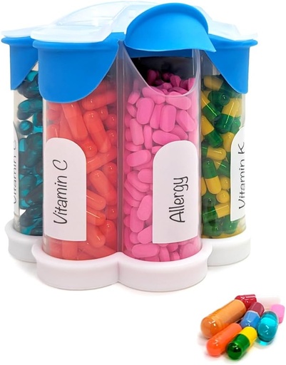[BRSROCYBBAFQYFYV] Extra Large Pill Organizer Daily, Weekly, Monthly Supplement Bottle, Cute Blossom Pill Dispenser with 7 XL Compartments, Easy-Open Pill Box for Vitamins, Medications, Labels Included (Blue)