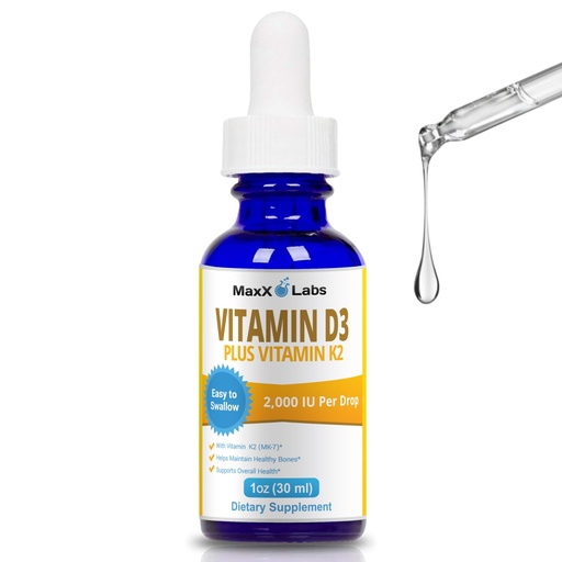 [BRSWIBAPPMGQIA3E] Vitamin D3 K2 Liquid Drops - Liquid Vitamin-D3 2000 IU Per Drop with K2 Supplements for Adults & Kids - Vitamin D K2 MK7 for Healthy Bones, Heart & Immune - 1 Oz Dropper + 900 Days Supply