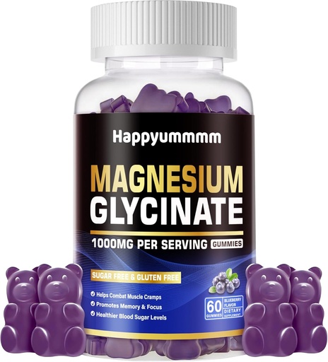 [BRSRA2YBBV5RYDL7] Magnesium Glycinate Gummies 1000mg - Sugar Free Magnesium Potassium Supplement with Vitamin D, B6, CoQ10 for Calm Mood & Sleep Support - 60 Blueberry Gummies