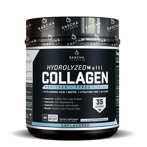 [BRSRMYITAEHQICIU] SASCHA FITNESS Hydrolyzed Multi Collagen Peptides Tipes 1,2 & 3 |Hyaluronic Acid|Biotin |Cynatine HSN|Vitamin C & E |for Hairs, Skin & Bone Support| Unflavored