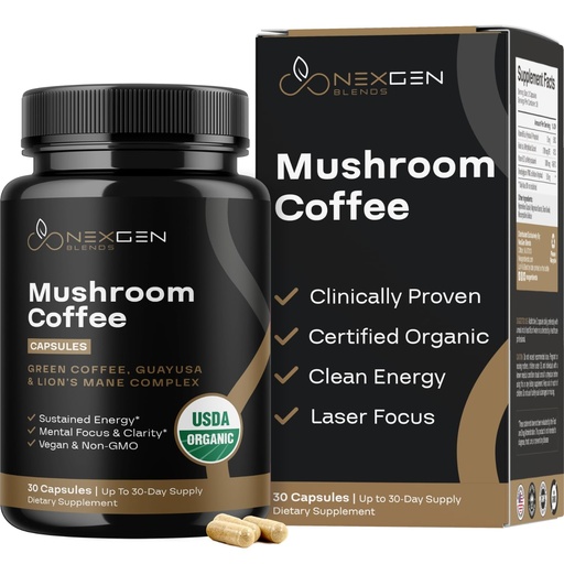 [BRSRAFT6DMMW2YA2] 100% Organic Mushroom Coffee Capsules - Natural Energy Supplement with 130mg Caffeine from Clinically Proven Patented Green Coffee Bean & Guayusa Extracts for Jitter-Free Energy & Focus (30 Servings)