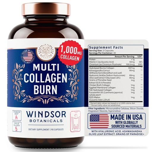 [BRSRMYI3PINRGDTZ] Thermogenic Multi Collagen Burn Capsules - Hydrolyzed Multi Collagen Complex Types I, II, III, V, X, Marine Collagen, Hyaluronic Acid - Beauty and Anti-Aging Supplement for Women and Men - 90 Pills