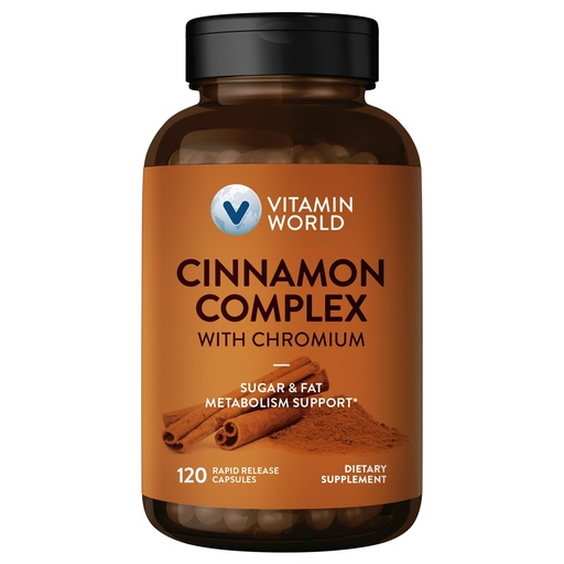 [BRSWGA35AANAMA3K] Vitamin World Cinnamon Complex with Chromium, Cinnamon Supplements with High-Potency Chromium for Healthy Metabolism & Antioxidant Protection, 120 Capsules, 2 Month Supply, Gluten Free